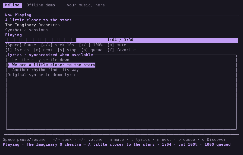Mélimo terminal player showing a music queue and synchronized lyrics with fictional demo tracks