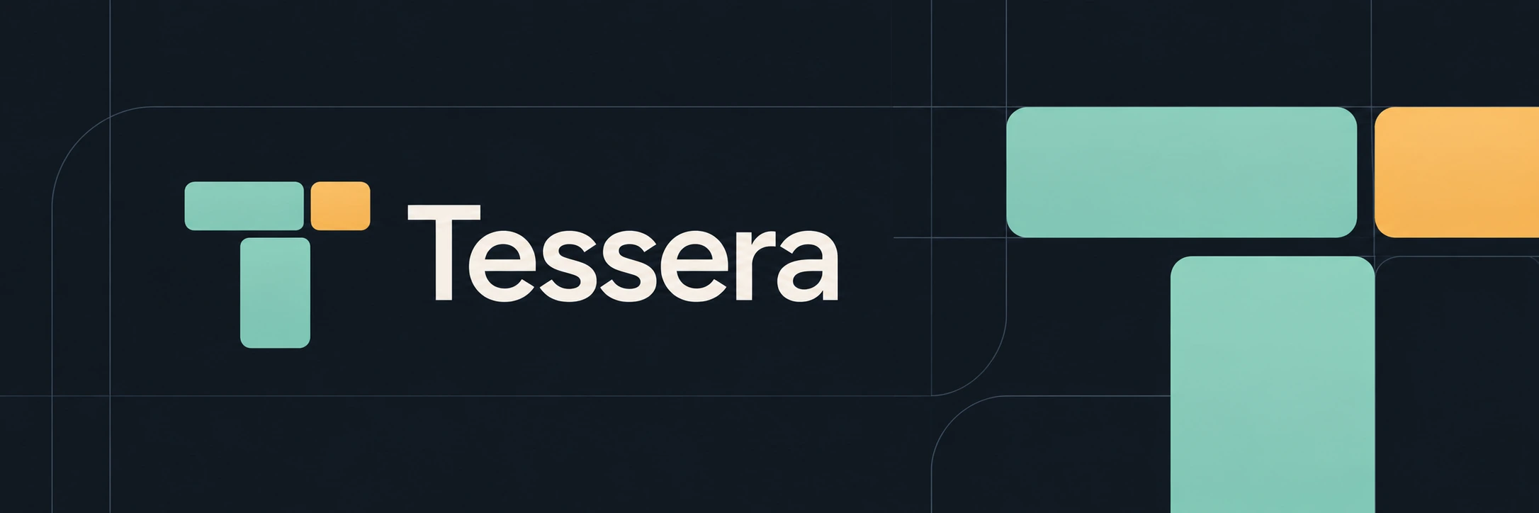 Tessera’s mint and amber tiled T identity on an ink-blue terminal pane mosaic