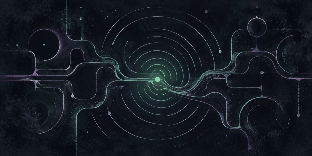 A mint spark bends mysterious branching paths and concentric waves